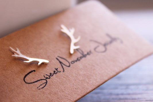 Rustic Sterling Silver Handmade Antler Stud Earrings